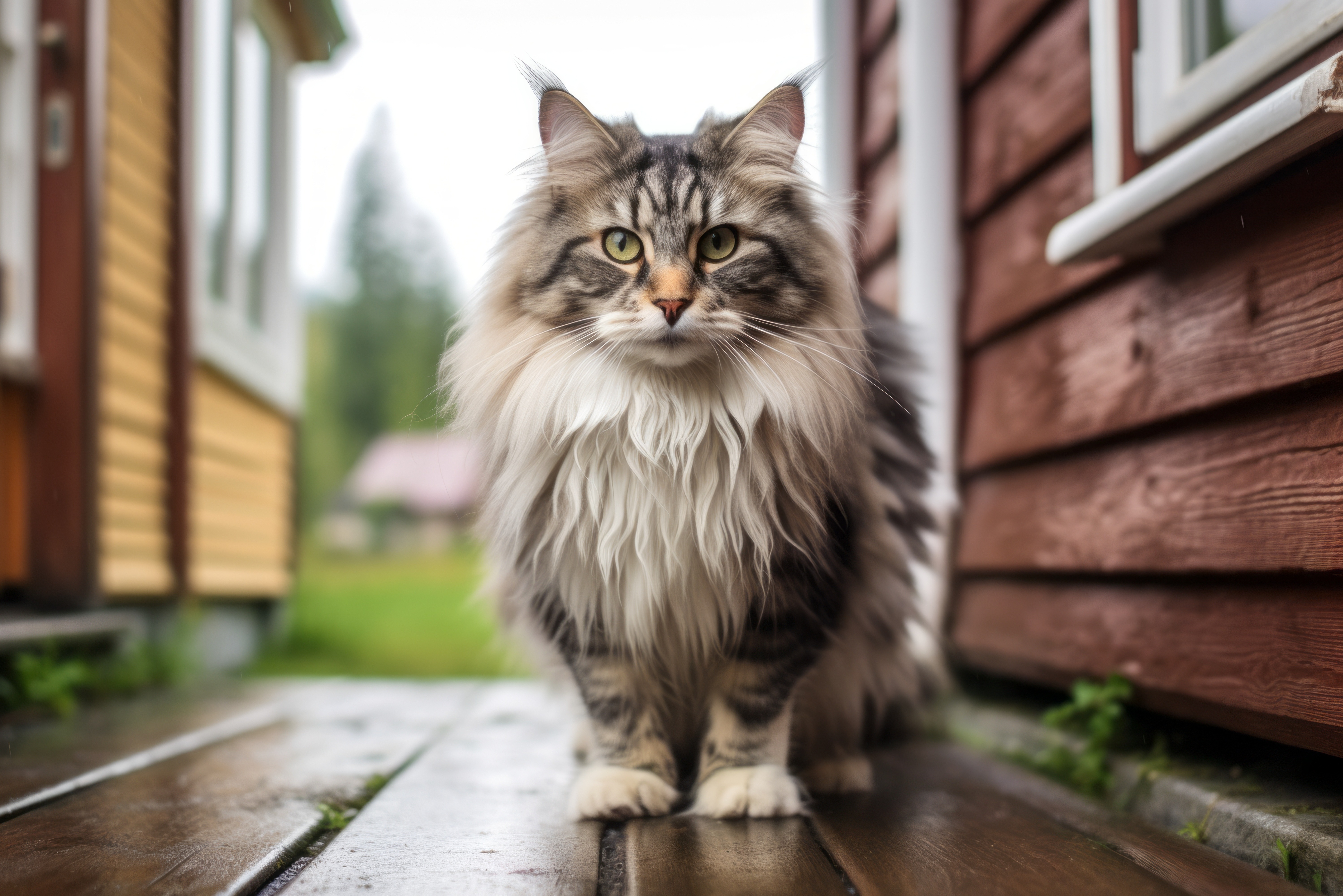 Eine Norwegische Waldkatze steht neben einem Haus und blickt aufmerksam in die Umgebung.