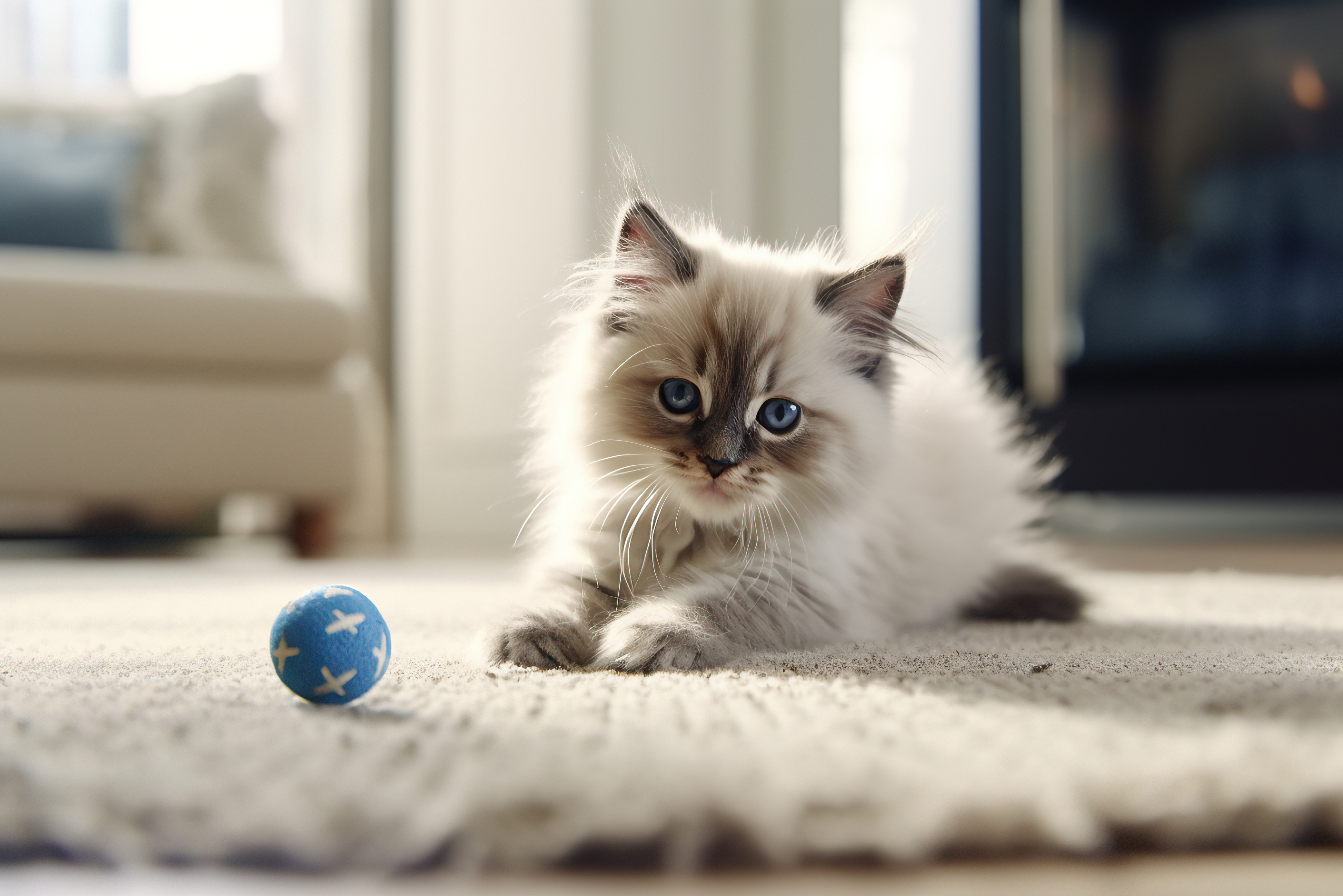 Ein Ragdoll Kitten liegt auf dem Teppich und spielt vergnügt mit einem Spielzeug.