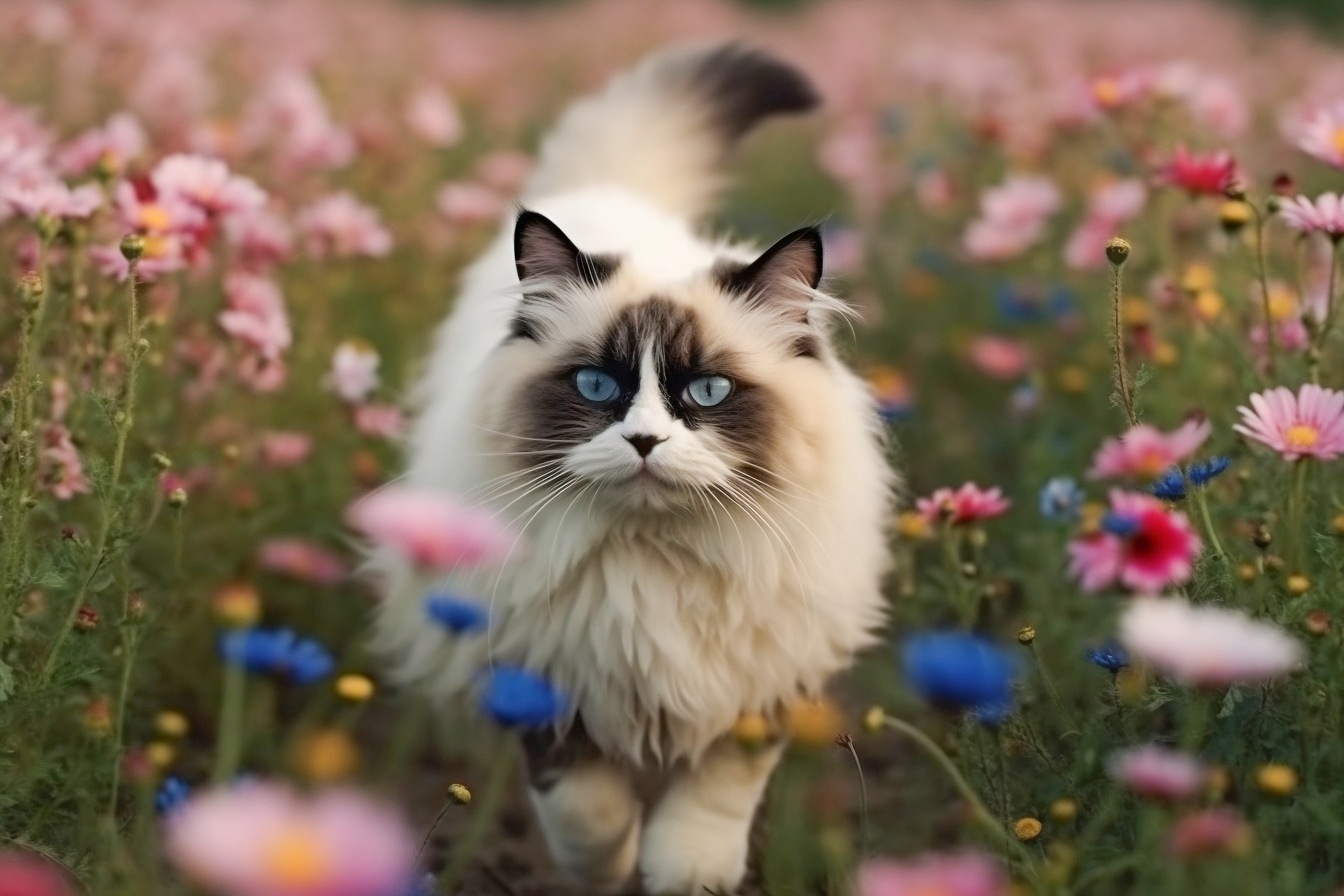 Eine Ragdoll-Katze steht ruhig zwischen den Blumen und schaut neugierig umher.